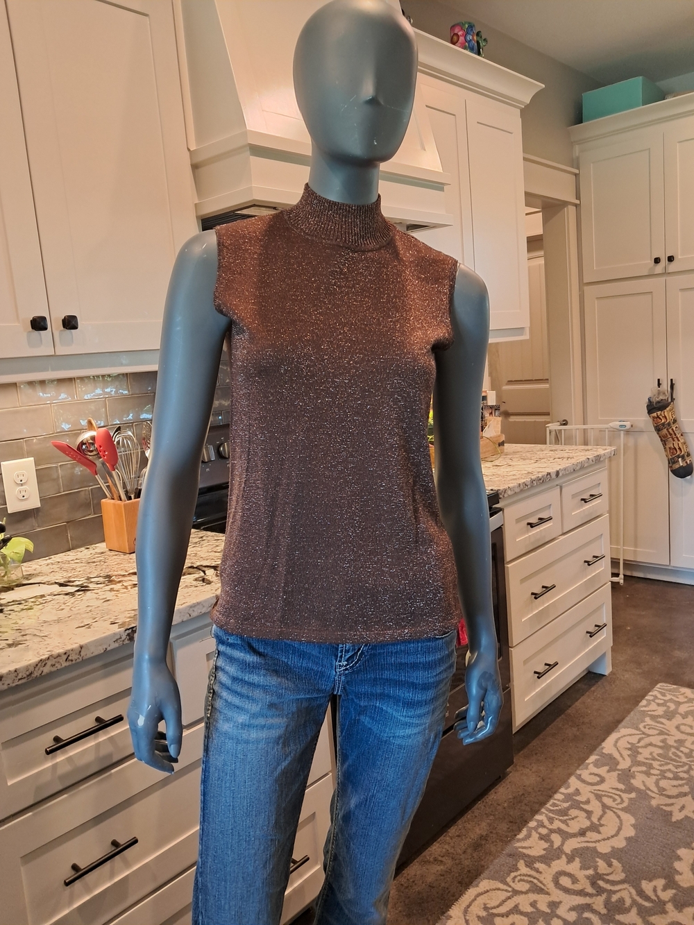 Peter Nygard Metallic Brown Sleeveless Mock Neck Top